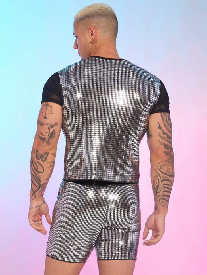 Crystal City Men's Punched Striped Patchwork Mesh Slim Fit Round Neck Short Sleeve Sleepwear